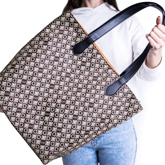 DASTI Reversible Tote Bag Large Waterproof Brown Monogram & Orange Travel Bag - Picture 9 of 14